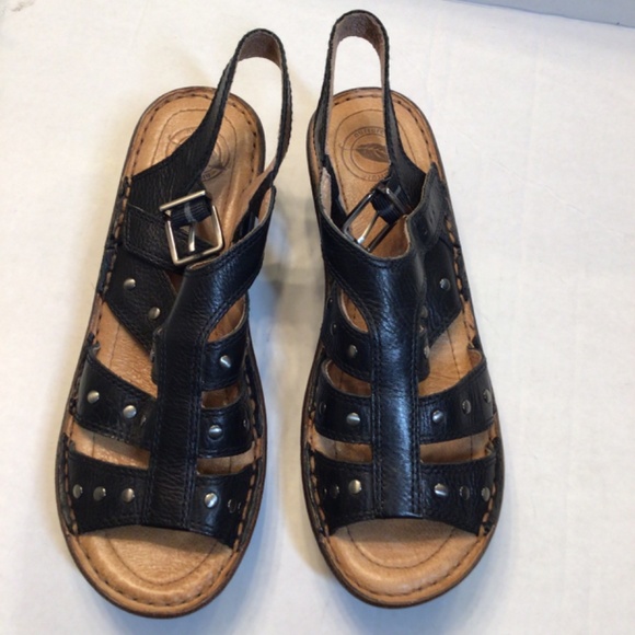 Nurture Black Leather Wedge Sandals Studded Shoes - Picture 1 of 11